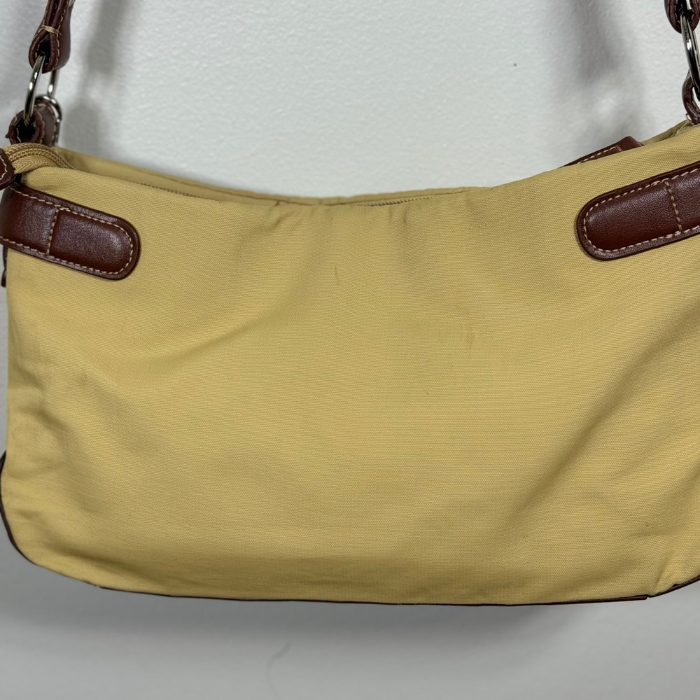 Etienne Aigner Small Shoulder Bag Tan Brown Trim Pockets Buckle Y2K Preppy - Picture 3 of 11